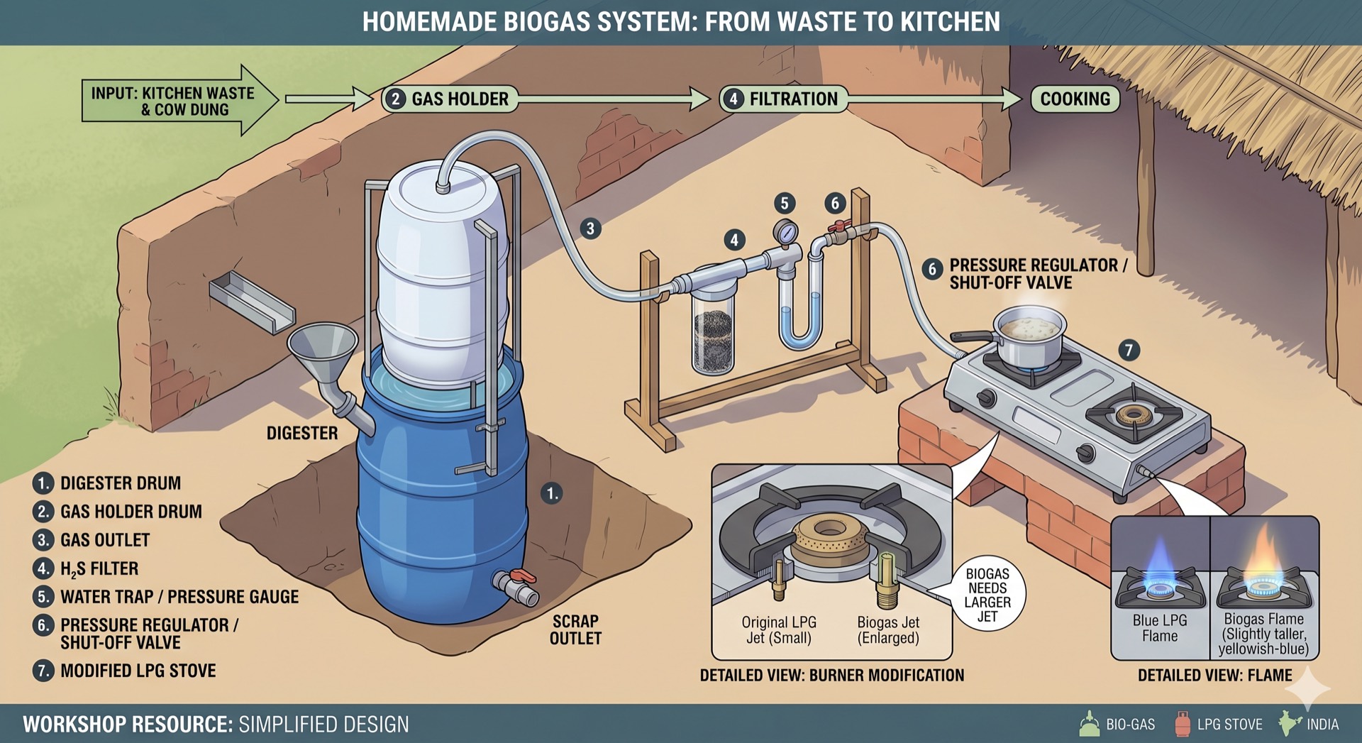 Diagram showing the biogas system flow from kitchen waste and cow dung through digester, gas holder, H2S filter, and pressure regulator to a modified LPG stove.