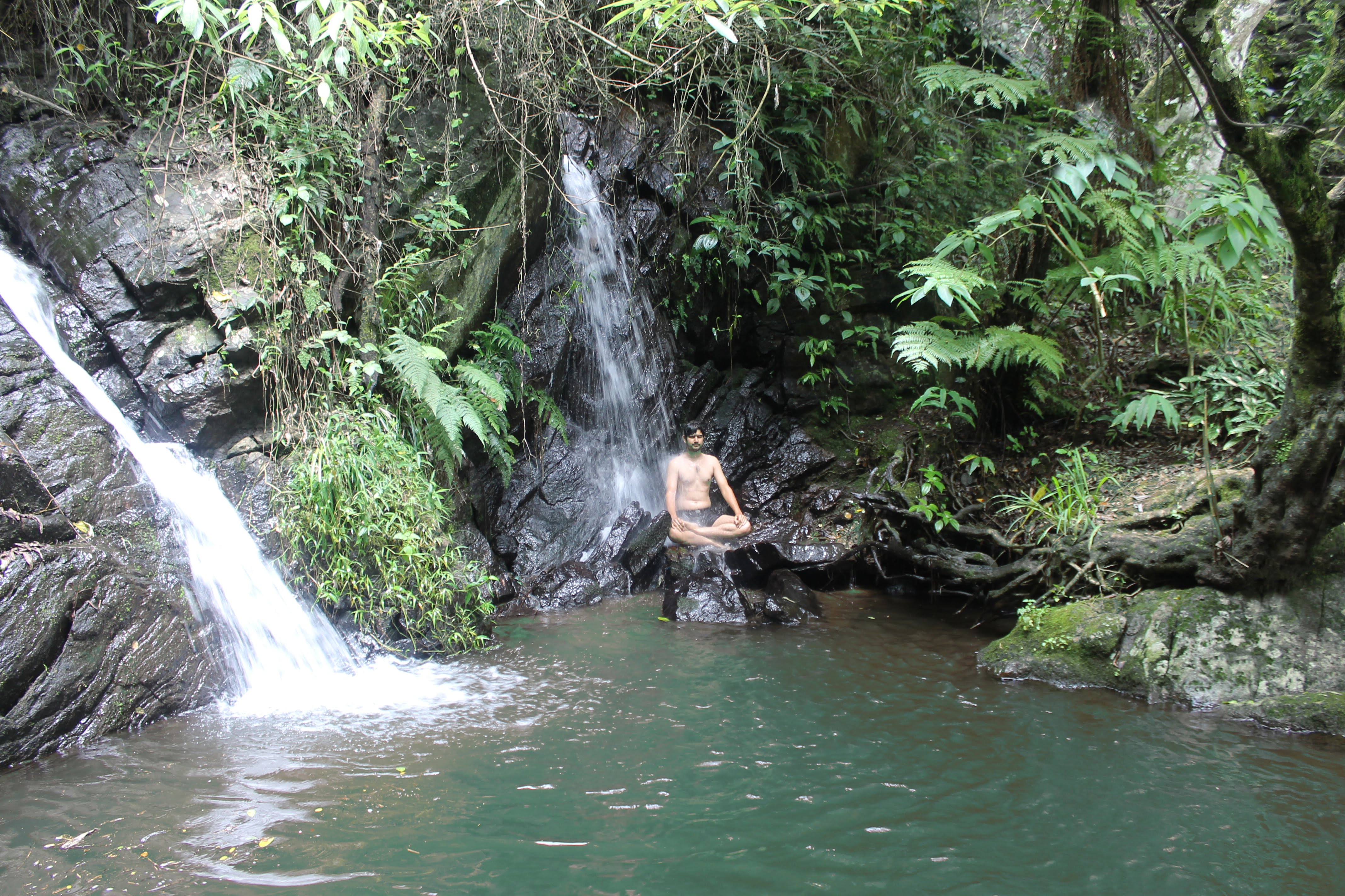 A guest meditating on a rock beside the twin waterfall in the forest below Karuna Dham